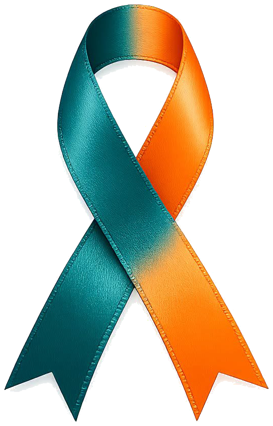 Die zweifarbige TYRV-Schleife in Teal und Orange